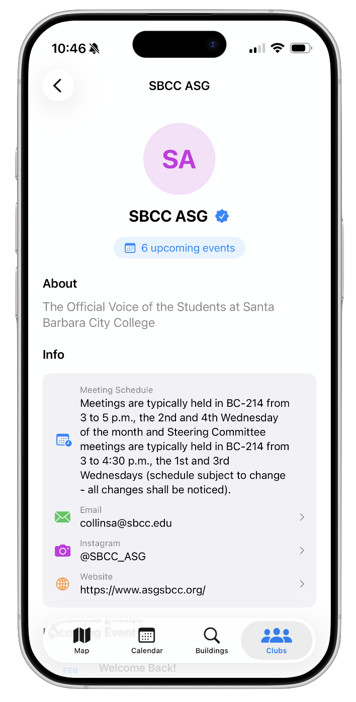 Club detail page — SBCC ASG