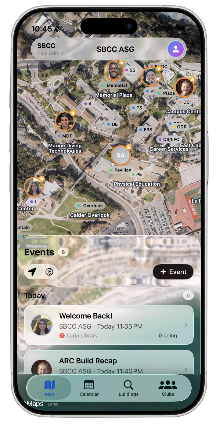 Home — campus map with live events